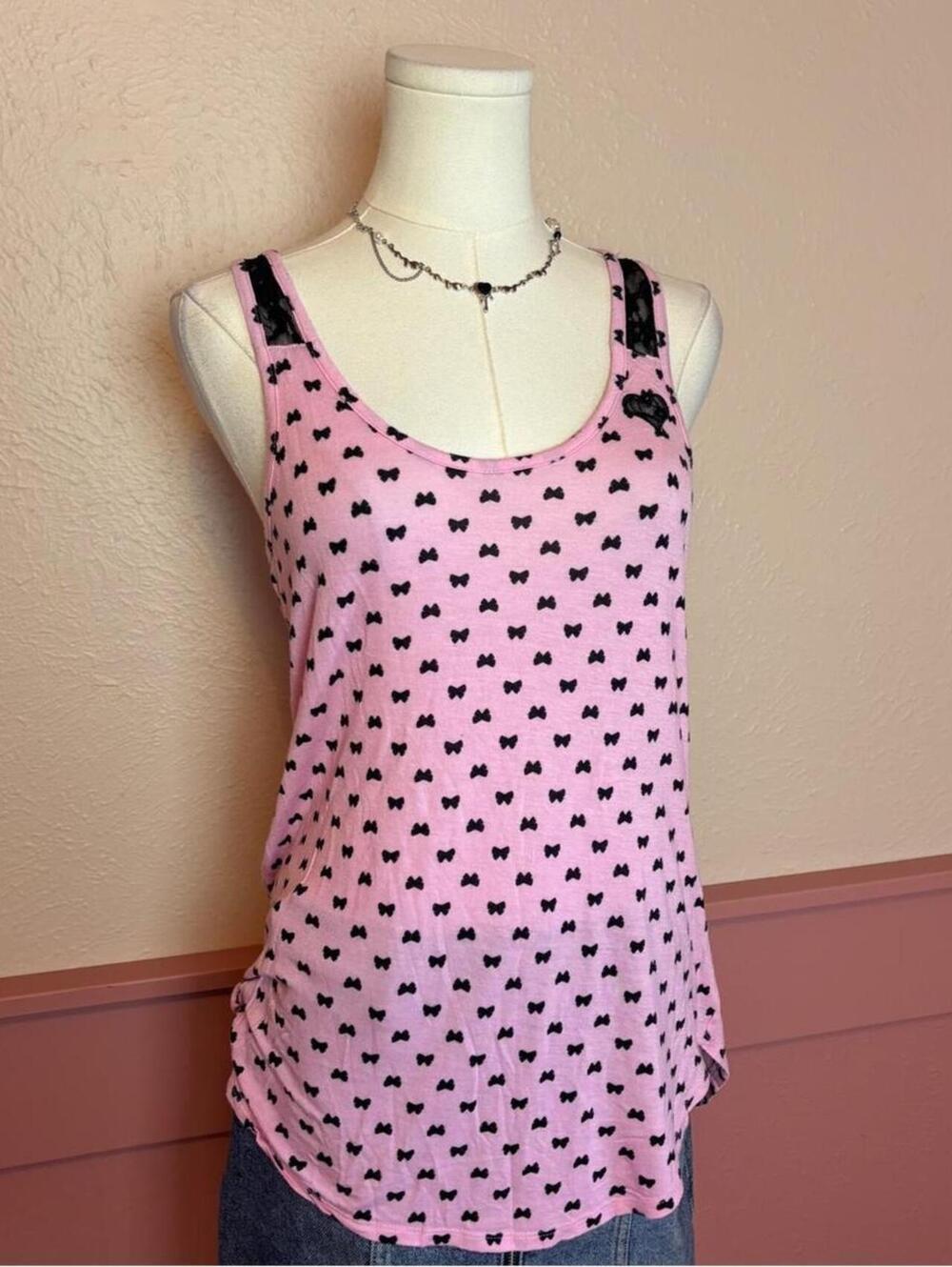 betsey johnson y2k top  pink black sz small lace bows scene mcbling coquette